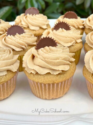 Peanut Butter Cupcakes swirled with peanut butter frosting, and topped with a Reese's Cup.