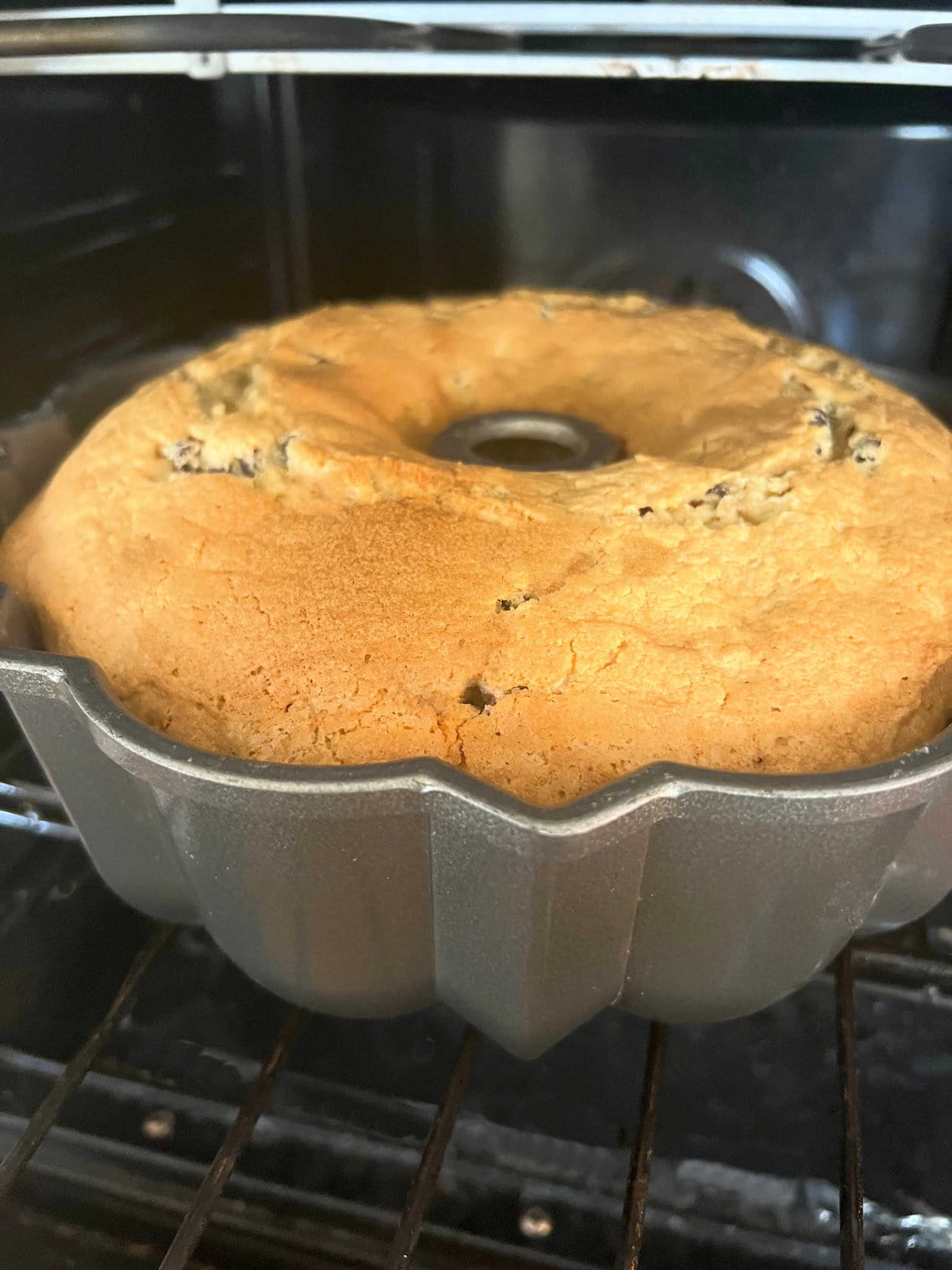 Baked Chocolate Chip Pound Cake, coming out of the oven
