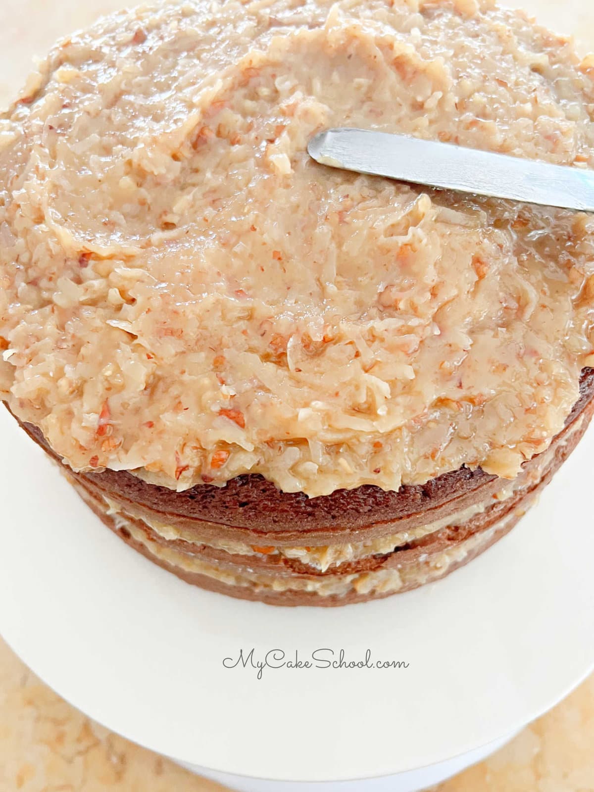 Spreading Coconut Pecan Frosting on top of the Cake