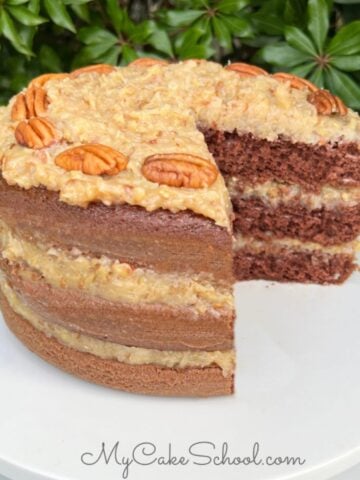 Photo of German Chocolate Cake on white cake pedestal.