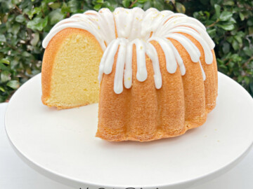 Lemon Bundt Cake on white Pedestal