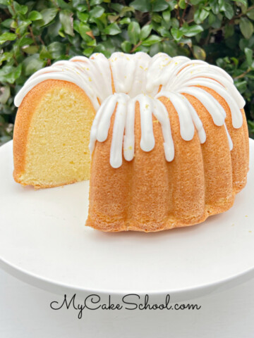Lemon Bundt Cake on white Pedestal