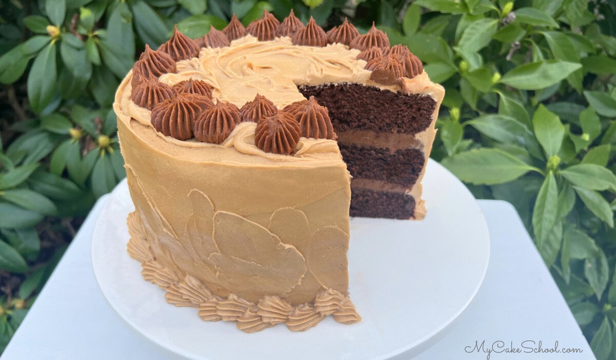 Mocha Cake, sliced on a white pedestal