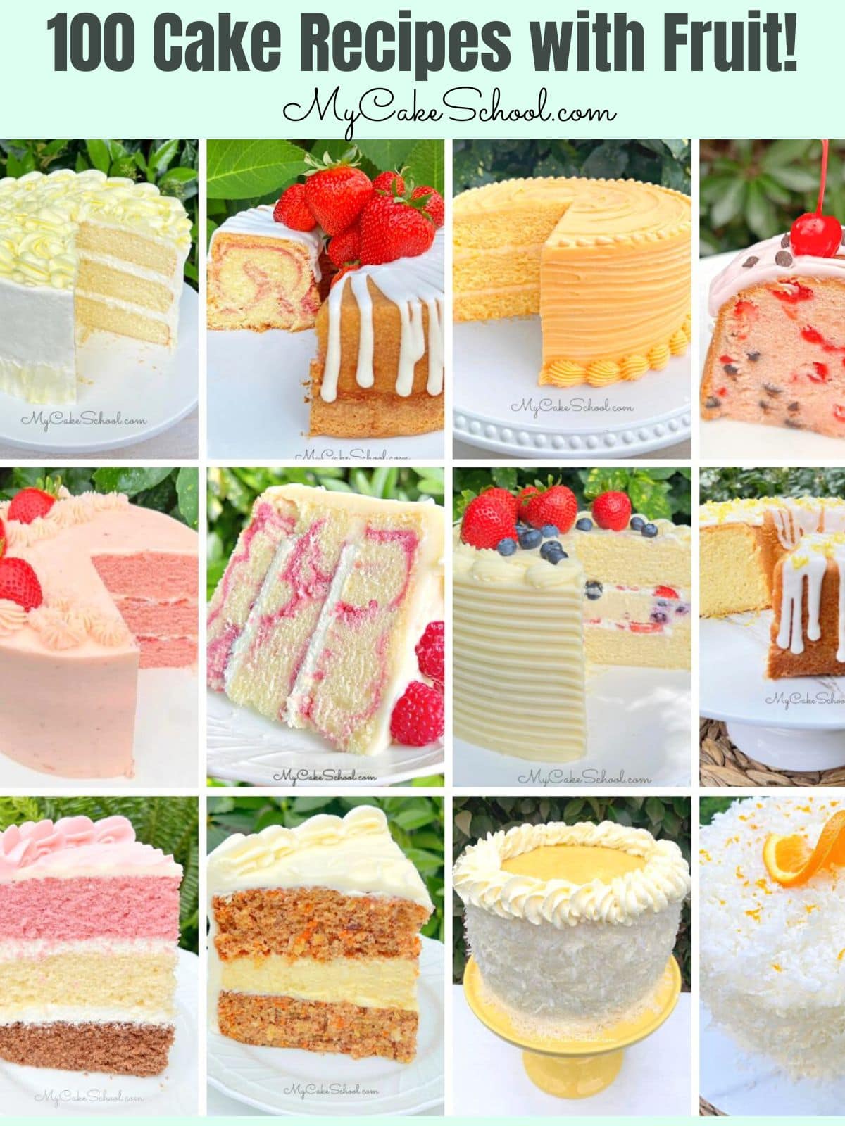 Collage of cake recipes with fruit