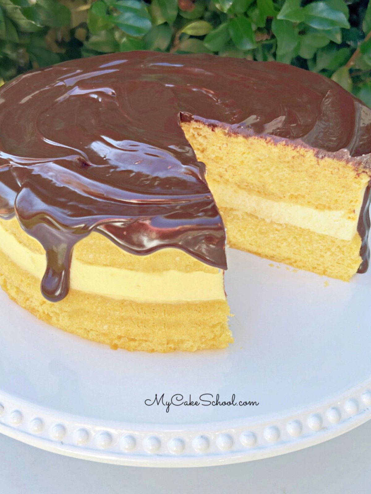 Easy Boston Cream Pie, sliced.