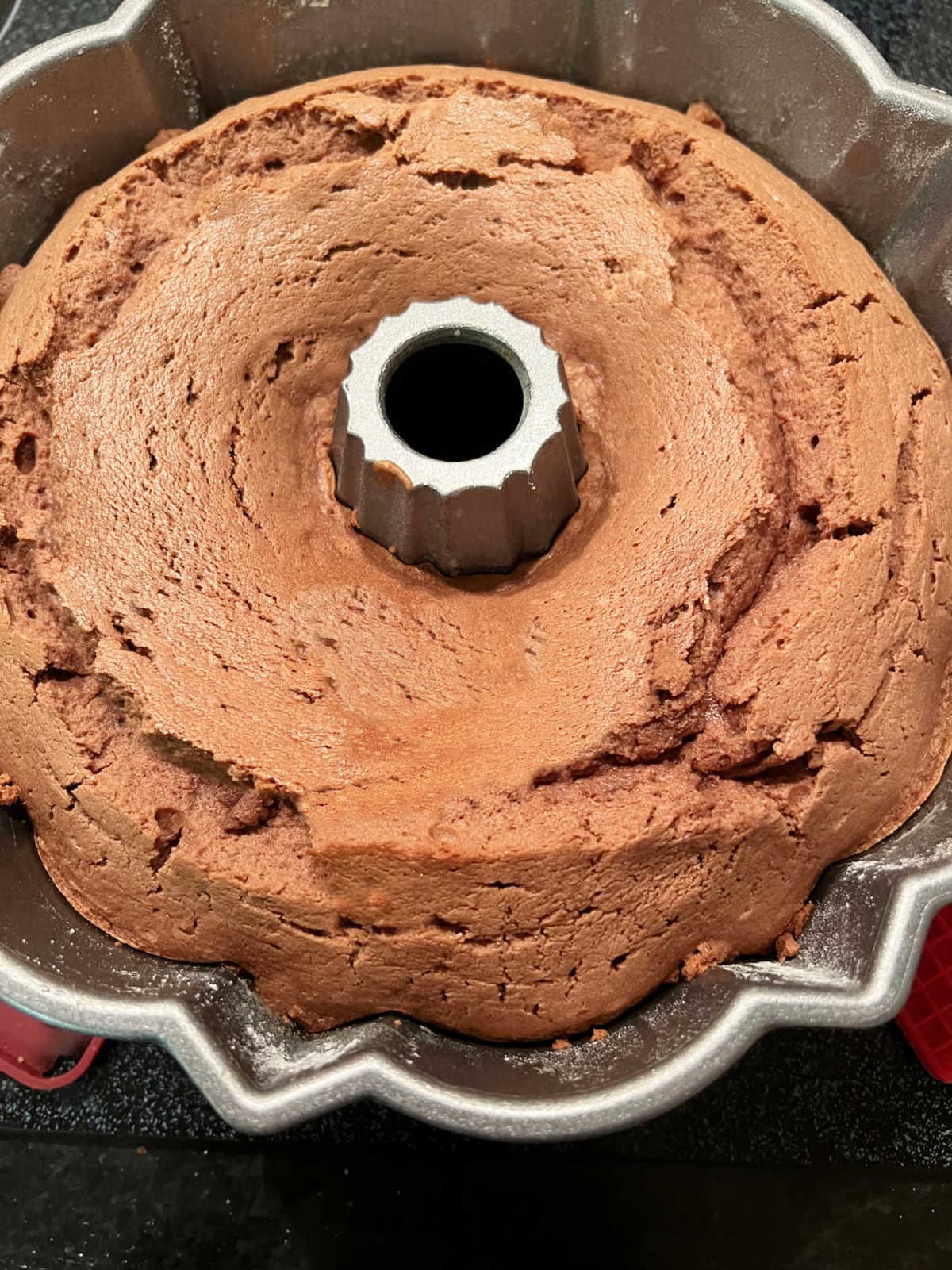 Baileys Irish Cream Cake fresh from the oven, in bundt pan.