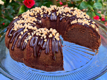 Sliced Irish Cream Cake on pedestal