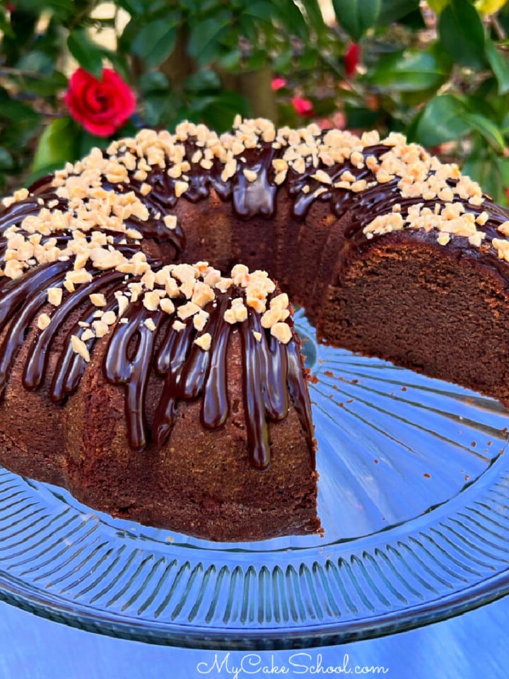 Sliced Irish Cream Cake on pedestal