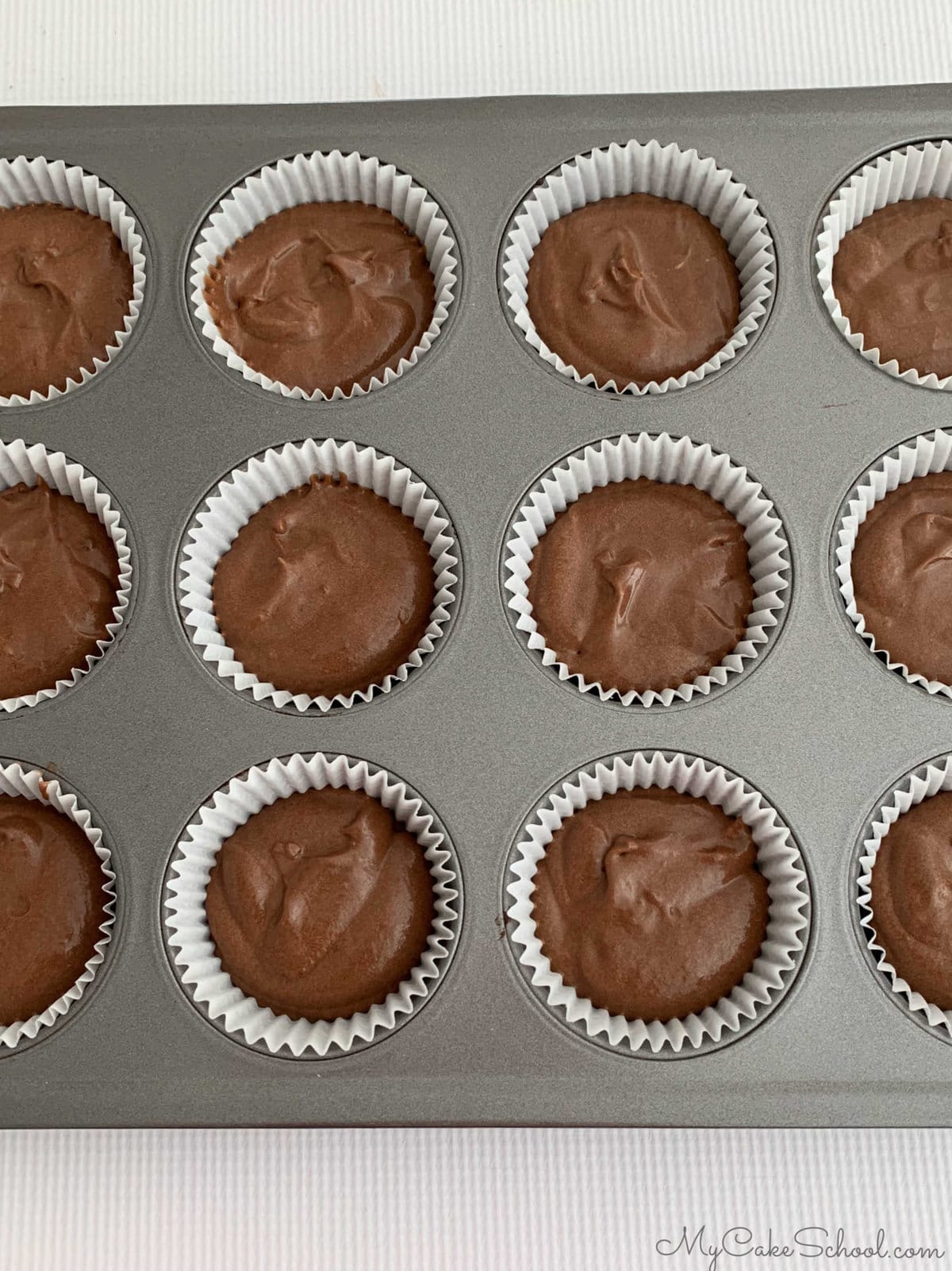 Chocolate Cupcake Batter in liners of cake pan