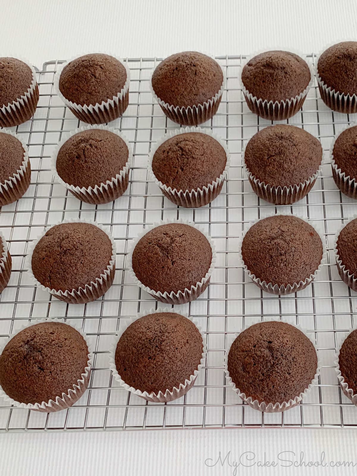 Freshly baked chocolate cupcakes on wire rack