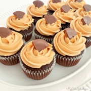 Chocolate cupcakes with swirls of peanut butter frosting on top.