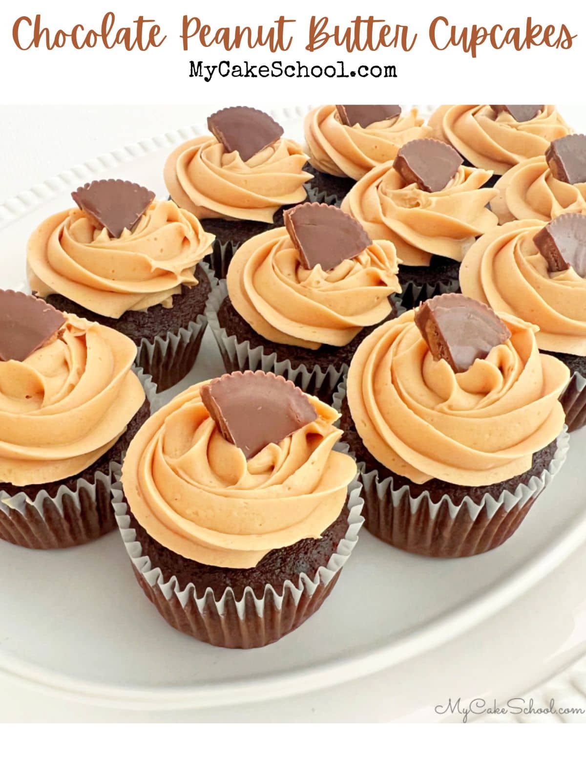 Chocolate Peanut Butter Cupcakes on a white platter