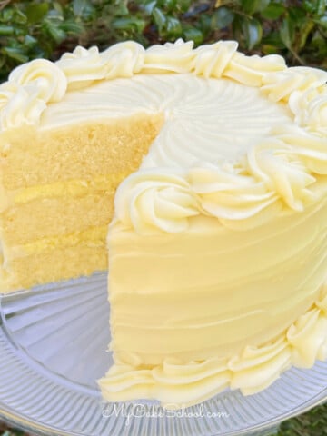 Lemon Cream Cake on a glass pedestal