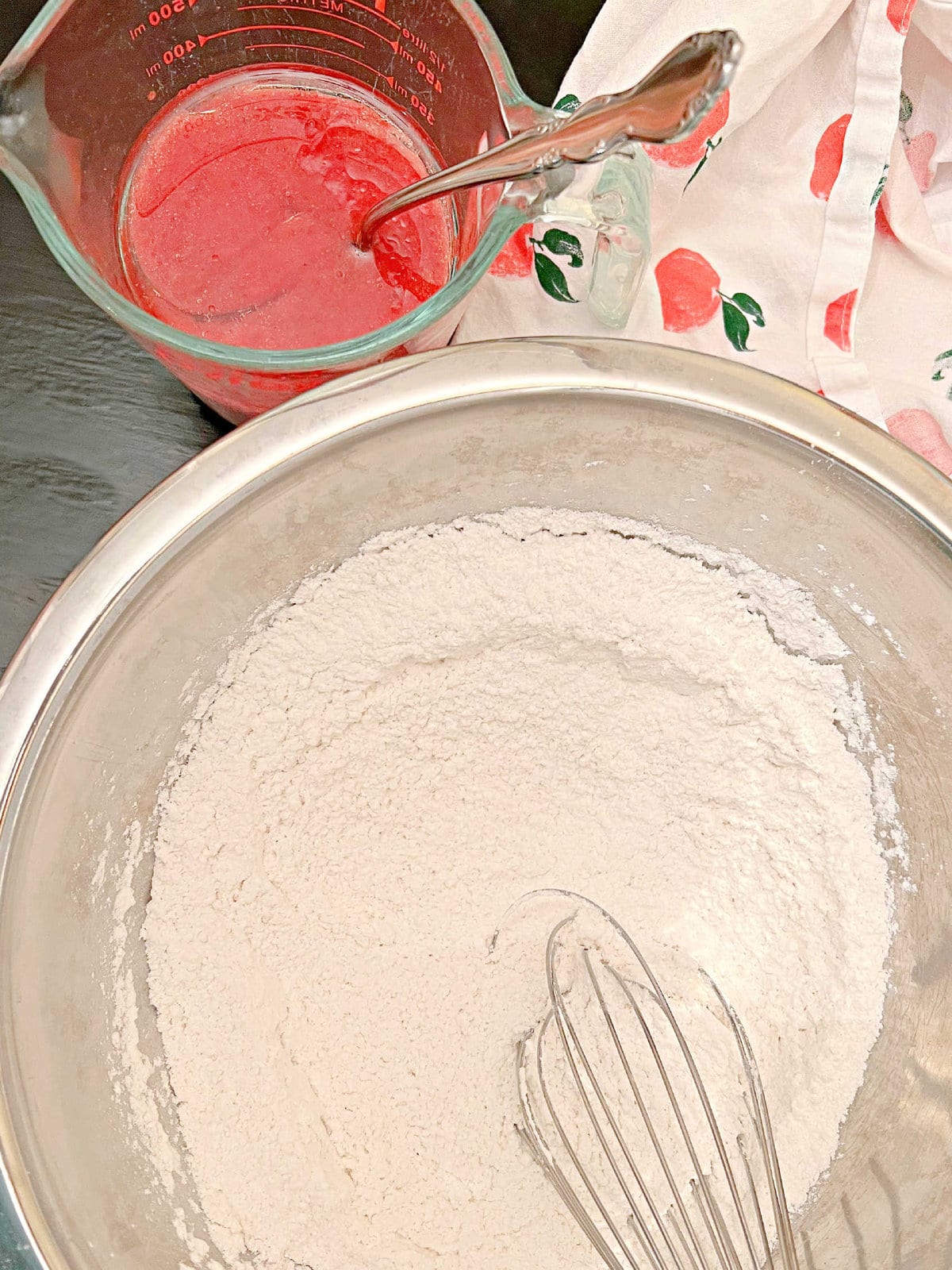 Strawberry Mixture and Flour Mixture for Strawberry Bundt Cake