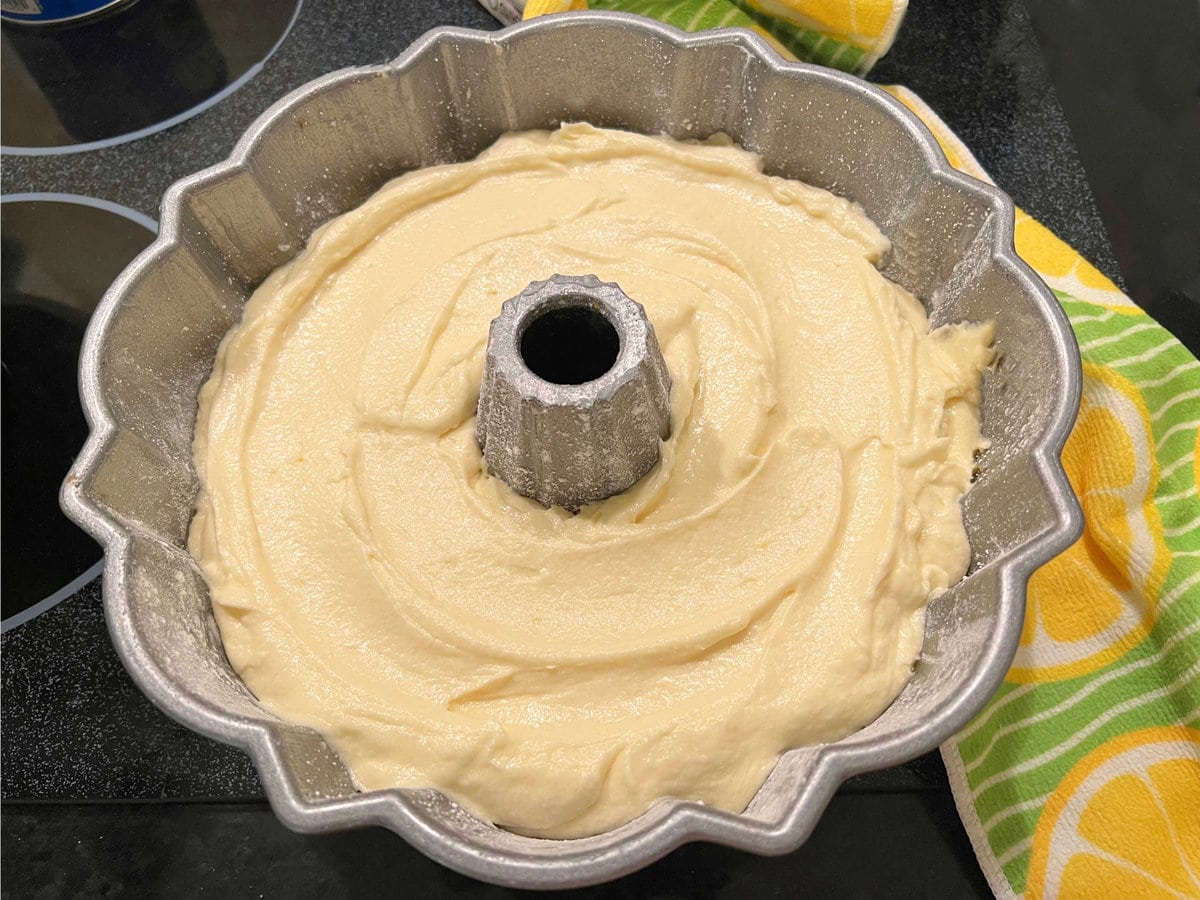 Buttermilk Pound Cake batter in bundt pan