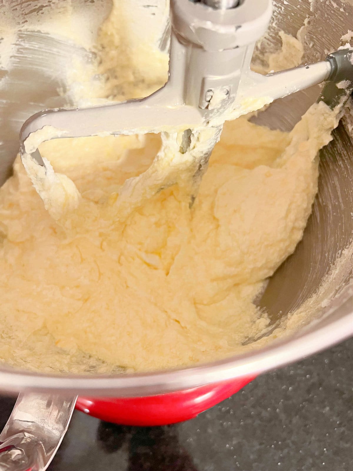 Buttermilk Cake Batter in mixing bowl after adding eggs