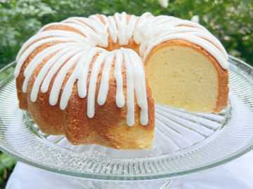 Sliced Buttermilk Pound Cake on a pedestal