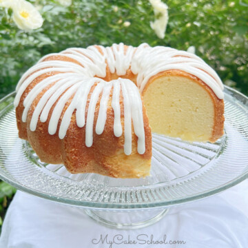 Sliced Buttermilk Pound Cake on a pedestal