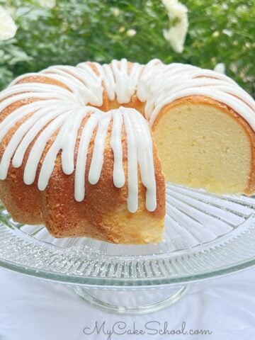 Sliced Buttermilk Pound Cake on a pedestal