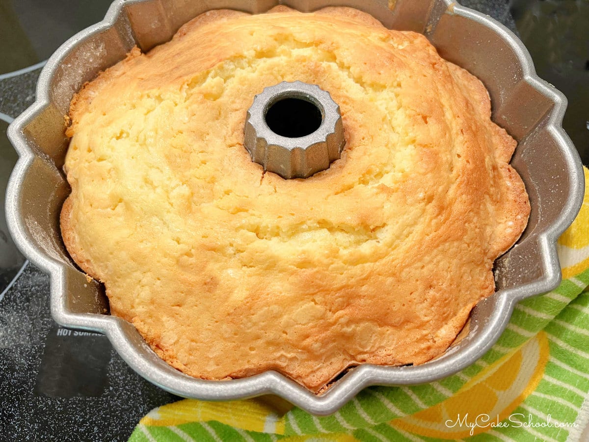 Freshly baked buttermilk pound cake, still in pan