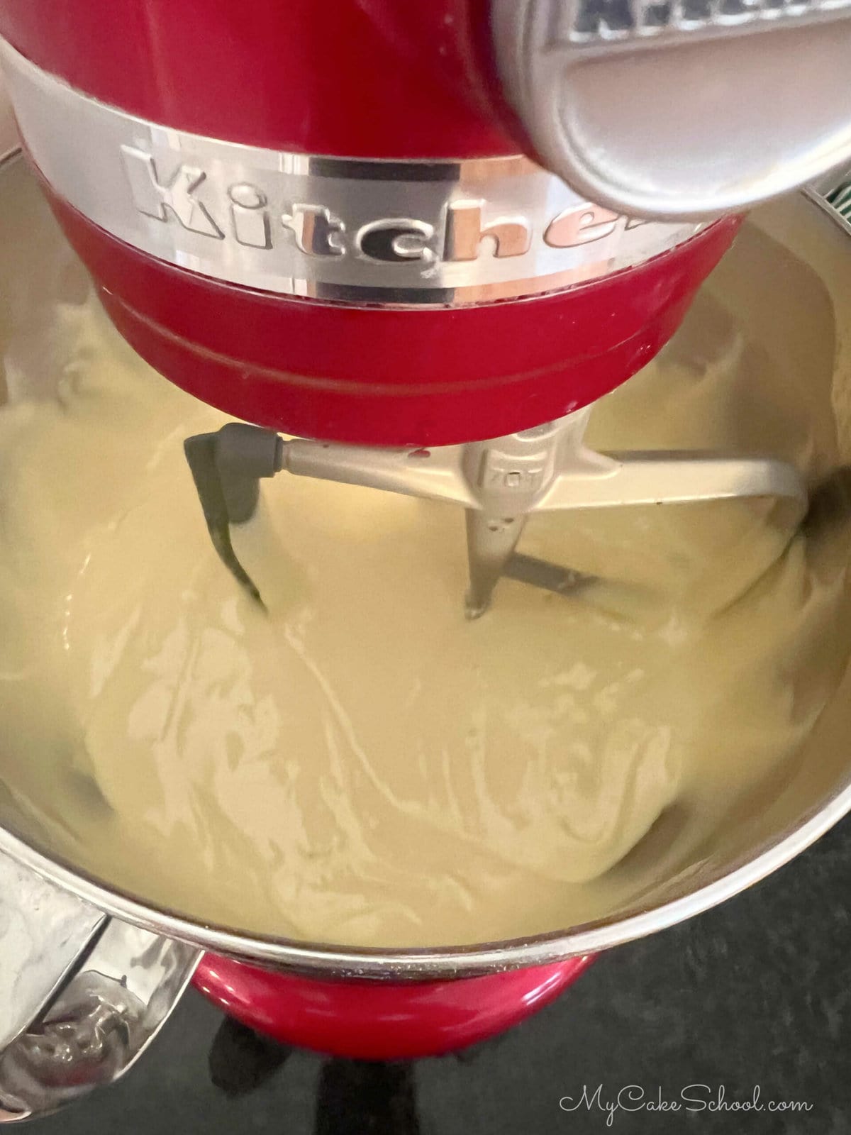 Lemon Cake batter in a mixer
