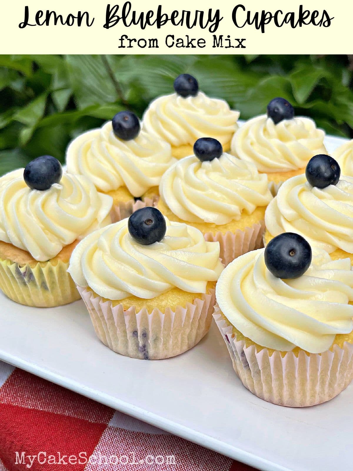 White platter of Lemon Blueberry Cupcakes