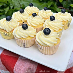 Lemon Blueberry Cupcakes on white platter