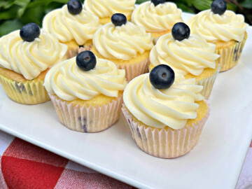 Lemon Blueberry Cupcakes on white platter