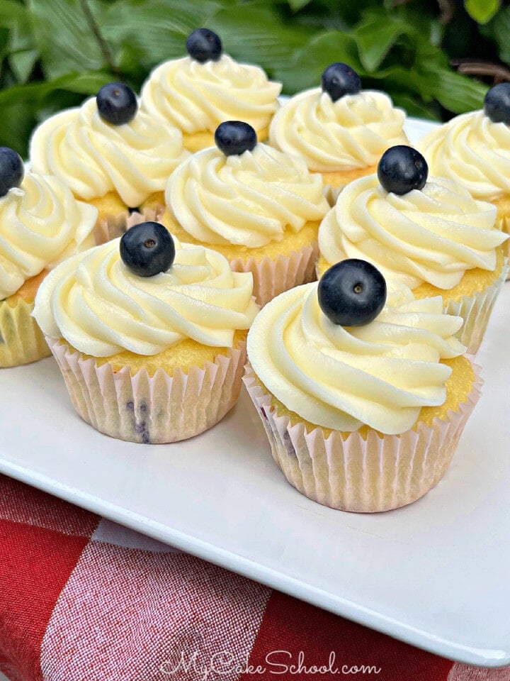 Lemon Blueberry Cupcakes on white platter
