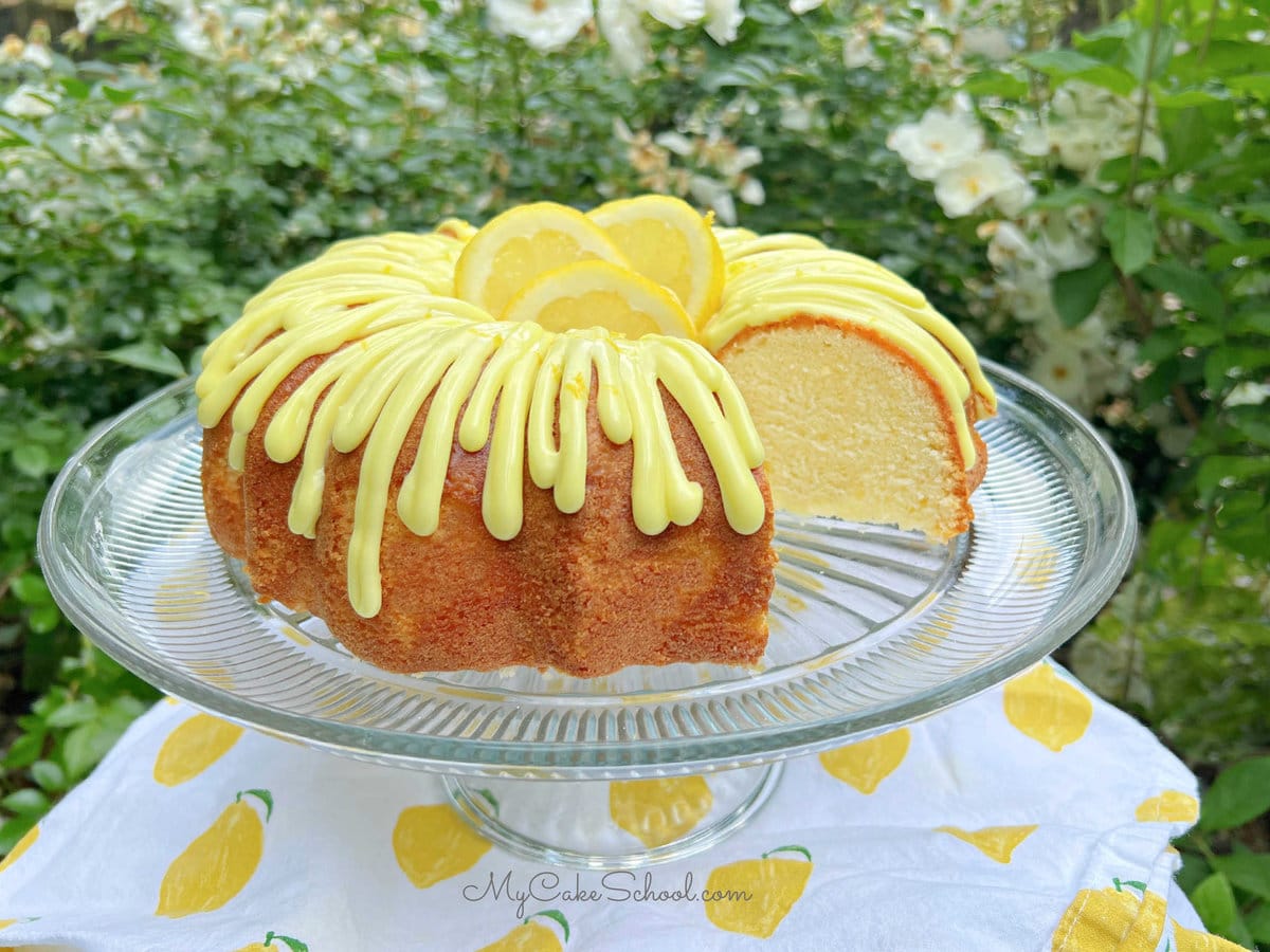 Lemonade Cake on pedestal