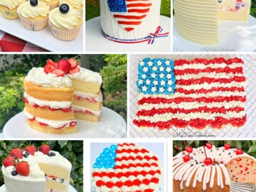 Collage of Memorial Day Cakes- fruity cakes, patriotic cakes, and more
