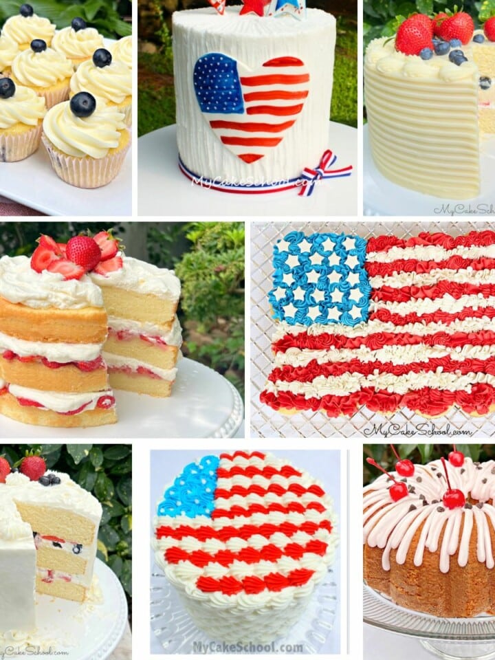 Collage of Memorial Day Cakes- fruity cakes, patriotic cakes, and more