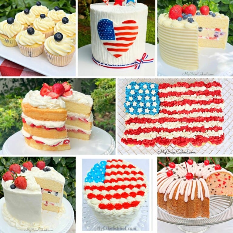 Collage of Memorial Day Cakes- fruity cakes, patriotic cakes, and more