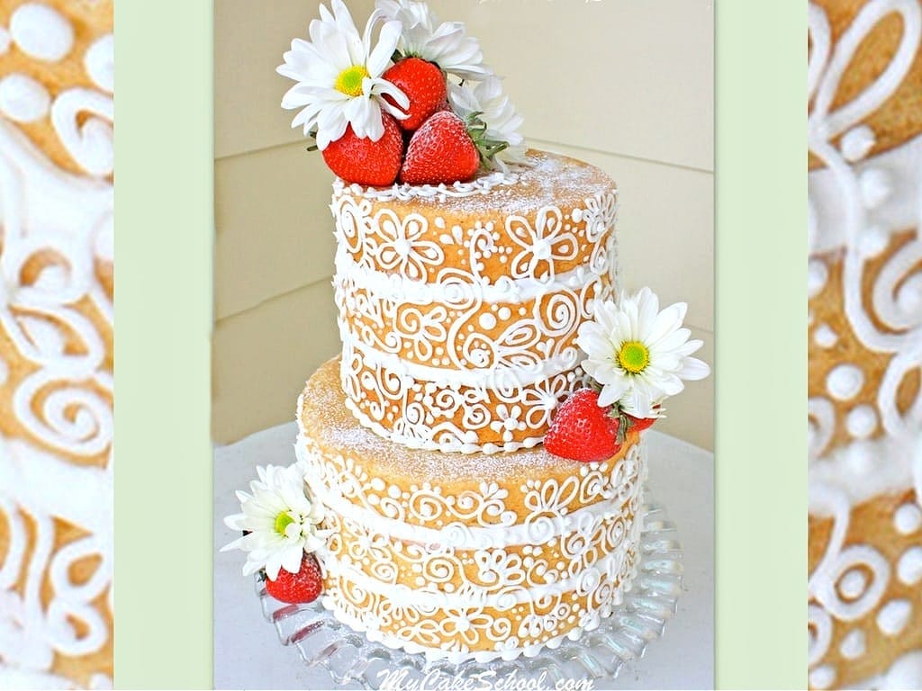 Naked Cake with Scrollwork, stacked tiers on pedestal