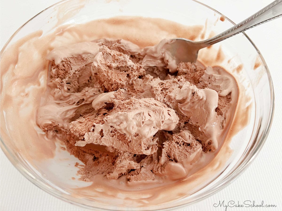 Softened Chocolate Ice Cream in a glass bowl with a spoon