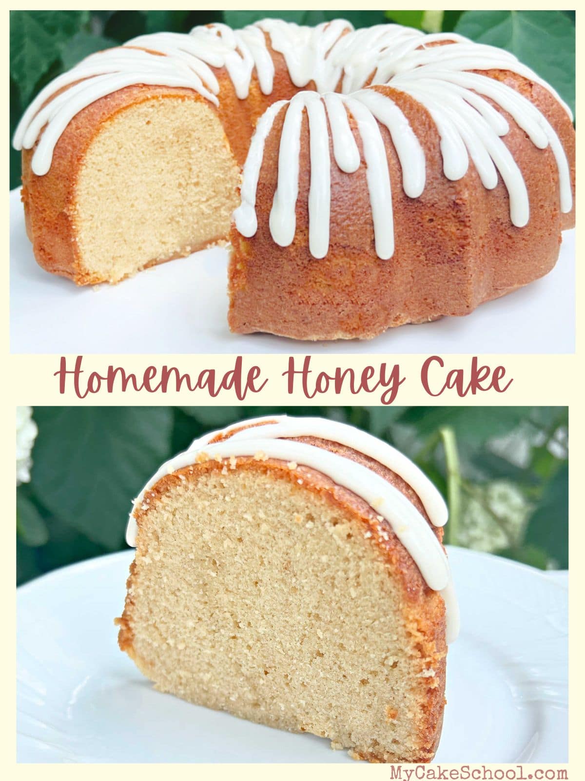 Photos of honey cake and slice of cake, topped with a honey glaze