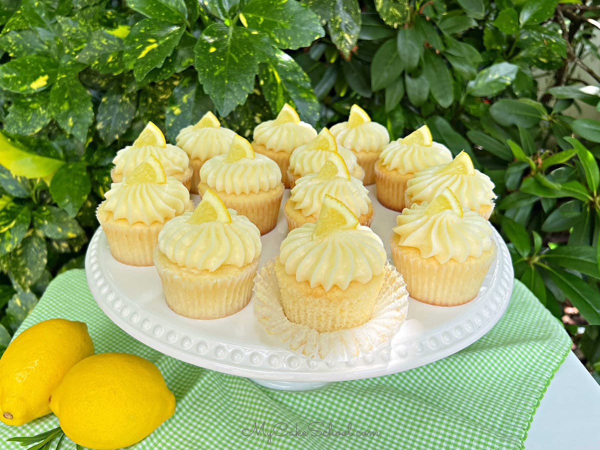 Lemon Cupcakes on a white pedestal