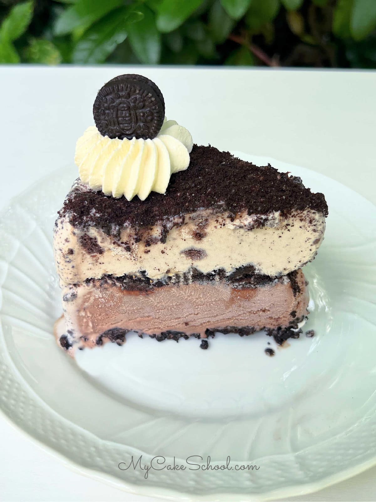Oreo Ice Cream Cake Slice on a white plate