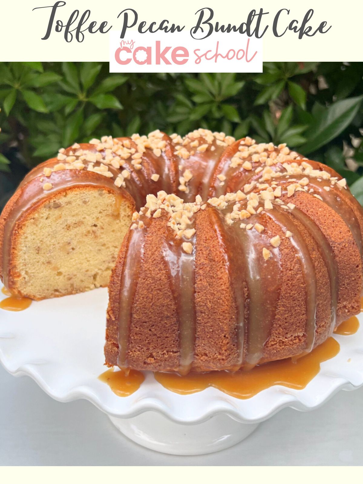 Toffee Pecan Bundt Cake on white pedestal