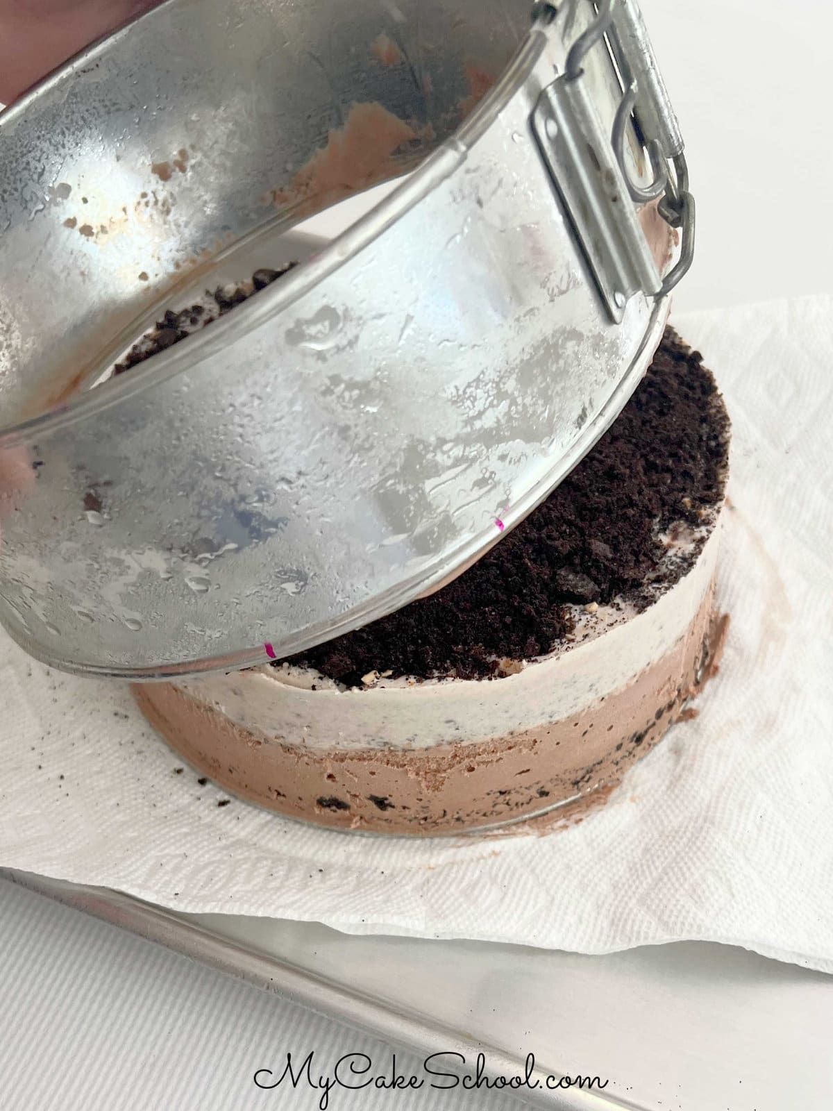 Removing the springform pan to reveal ice cream cake