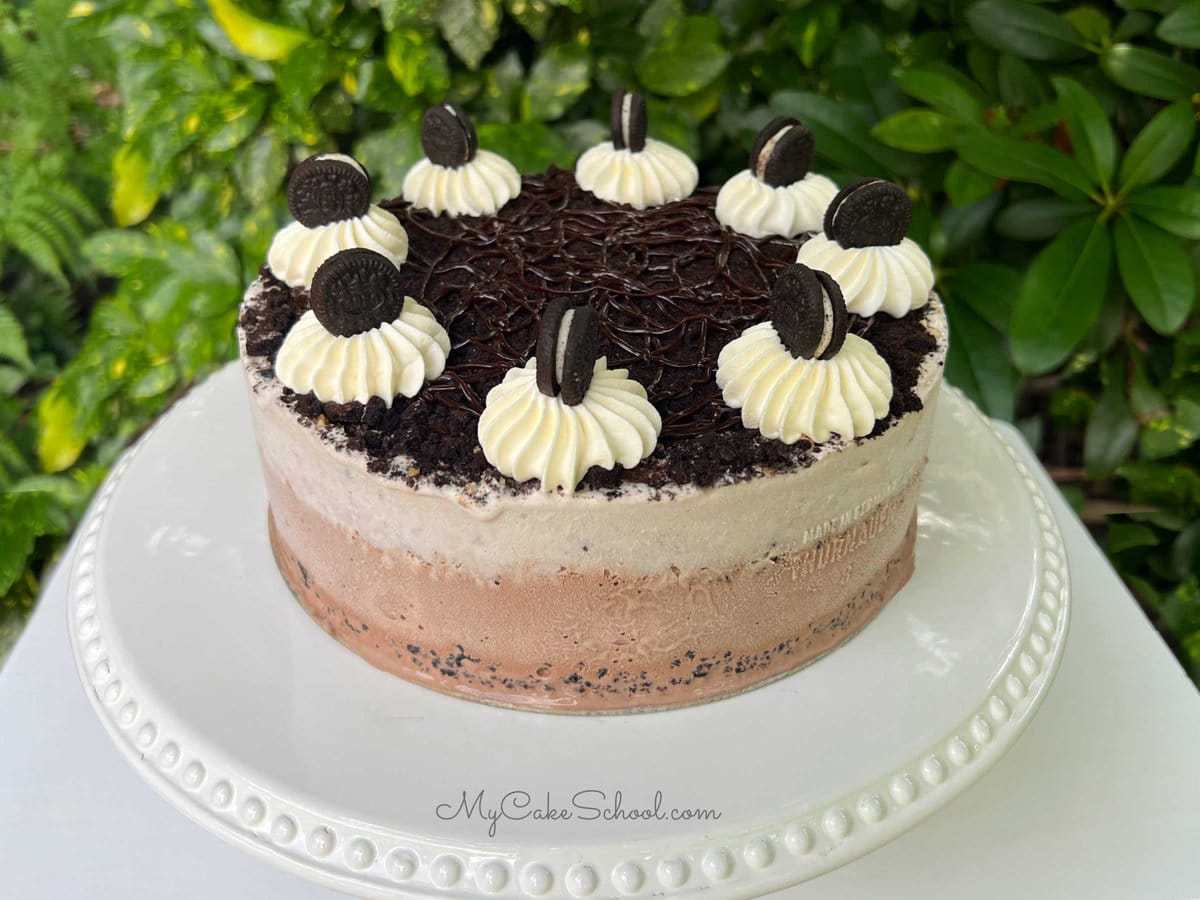 Oreo Ice Cream Cake topped with dollops of Whipped Cream and Mini Oreos