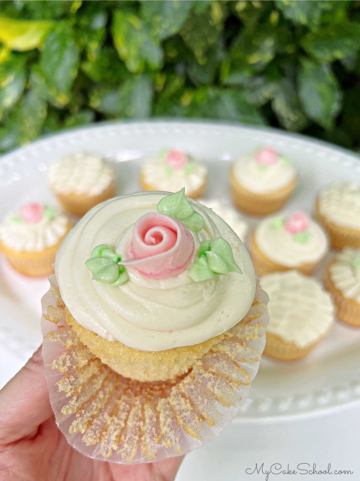 Unwrapped Vanilla Cupcake, topped with buttercream swirl and a pink buttercream ribbon rose.