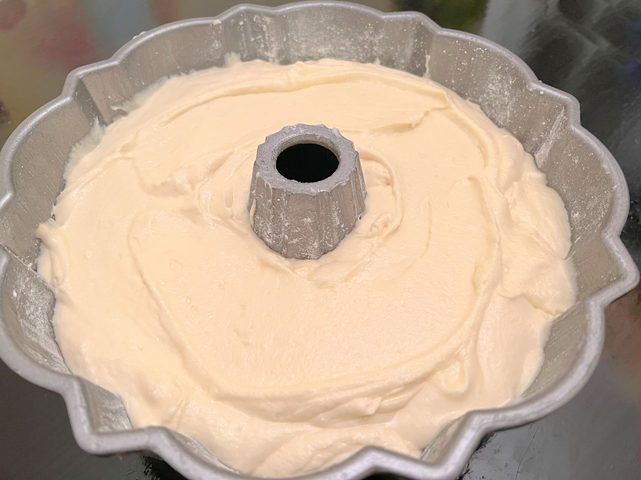 Cream Cheese Pound Cake Batter in Bundt Pan.