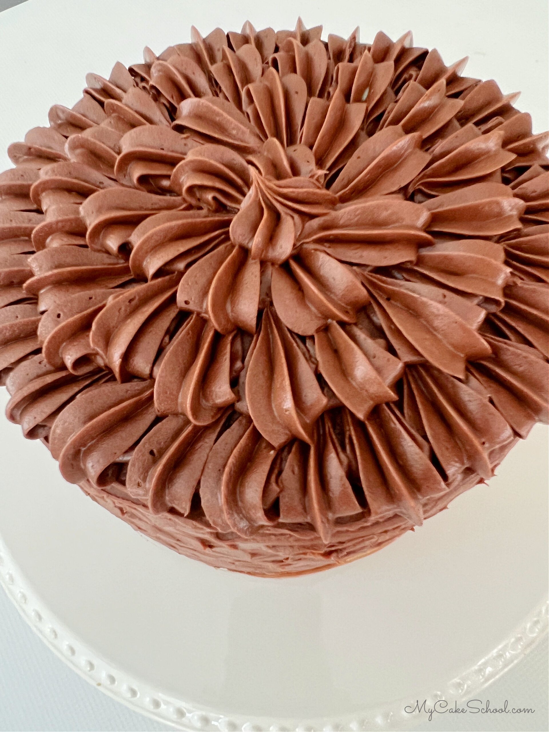 A photo of the top of the decorated cake, filled with rows of chocolate buttercream shells piped with a 1M piping tip.