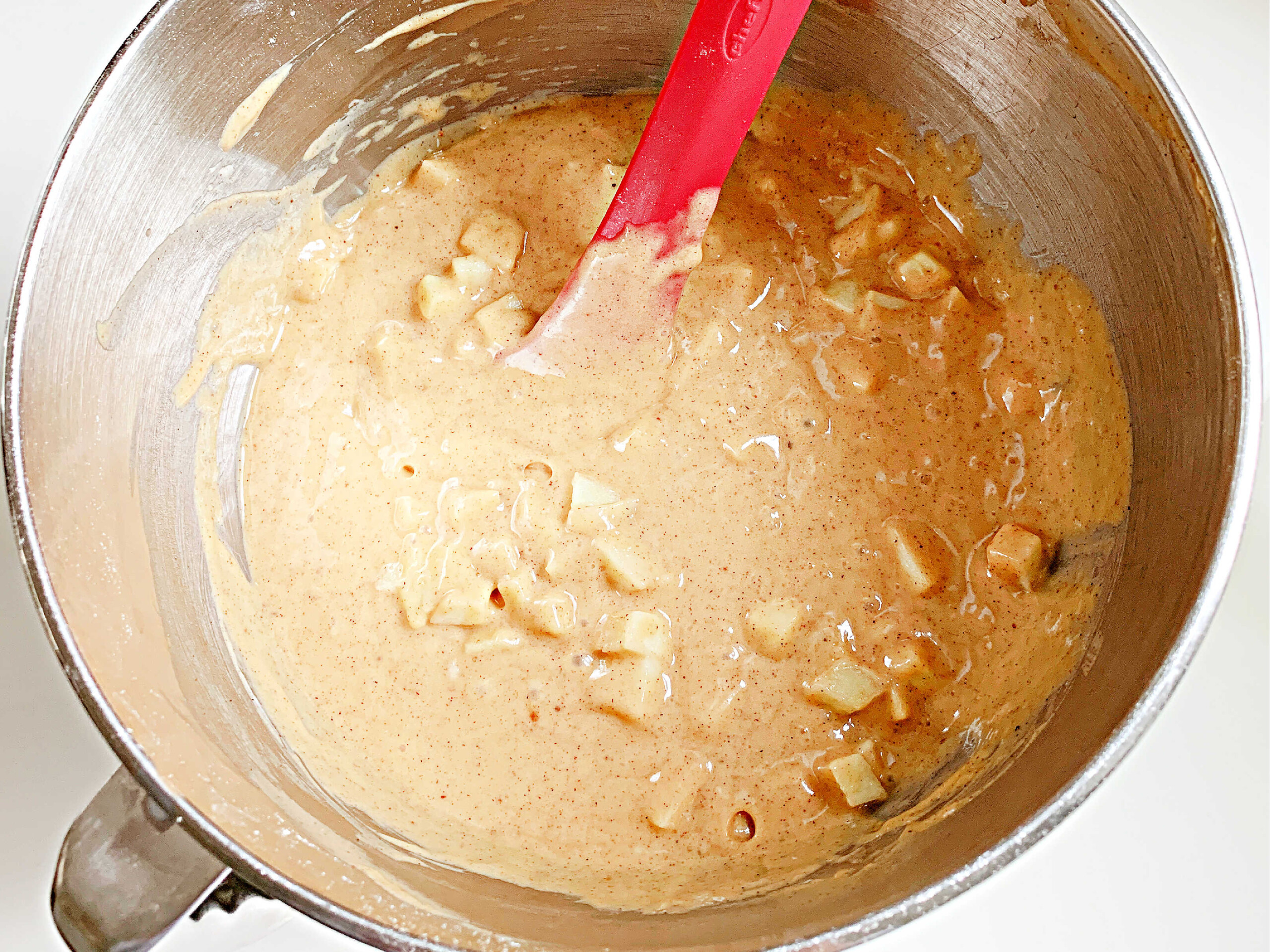 Mixing bowl o Apple Bundt Cake Batter.