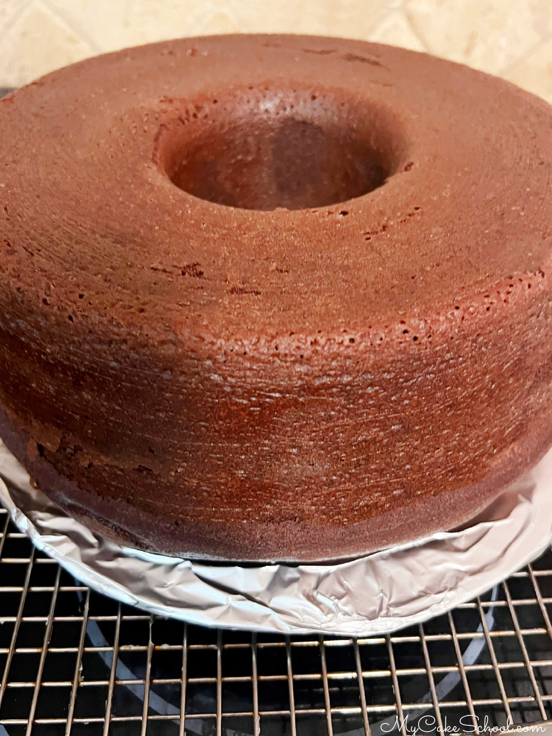 Freshly baked chocolate bundt cake.