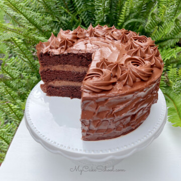 Chocolate Mousse Cake, sliced, on a cake pedestal.