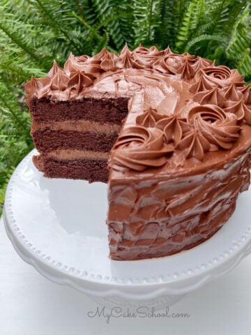 Chocolate Mousse Cake, sliced, on a cake pedestal.