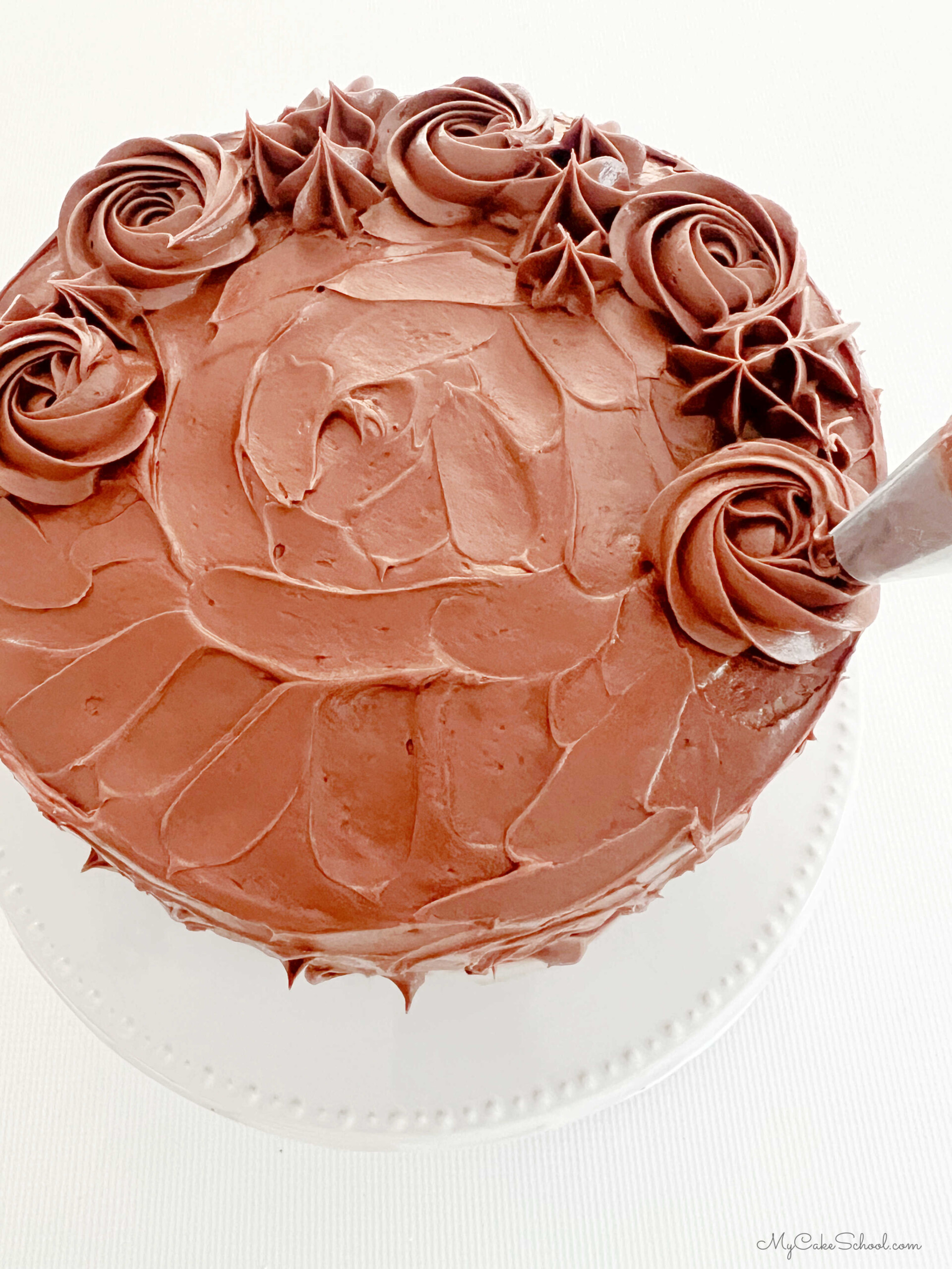 Piping chocolate buttercream border of rosettes and stars on top of the cake, using a 1M piping tip.