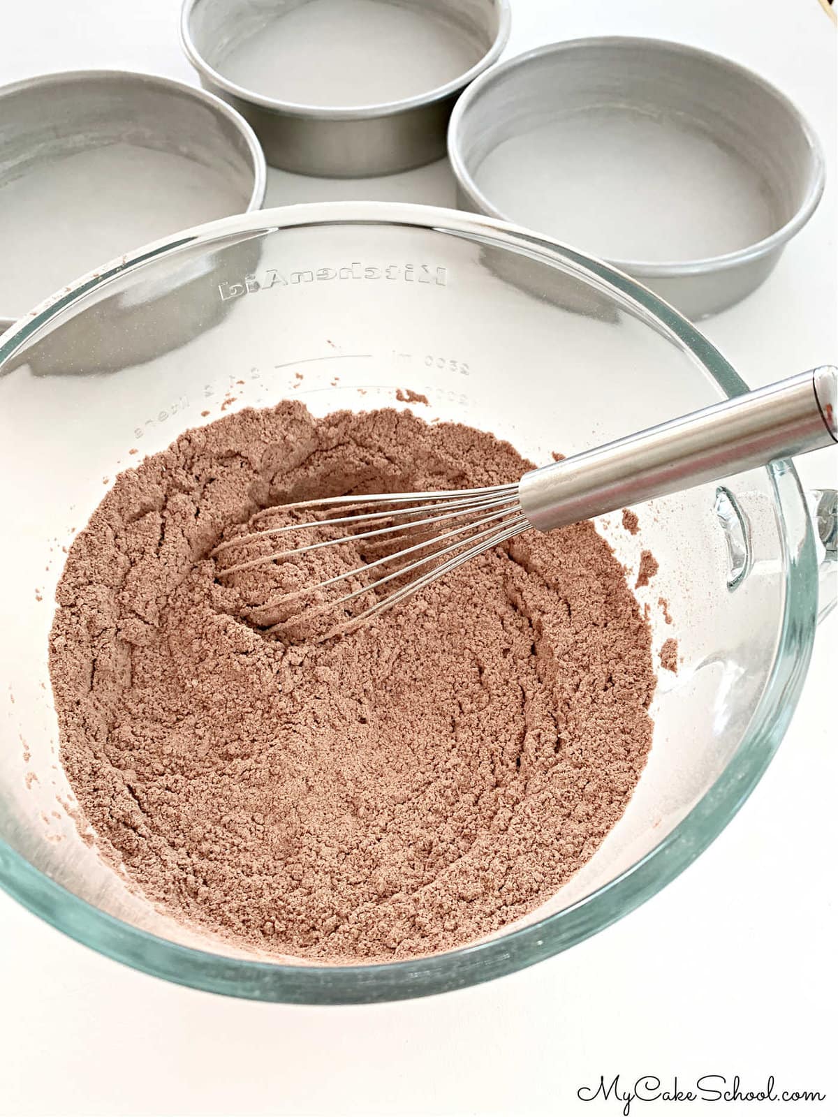 Bowl of dry ingredients for Chocolate Cake.